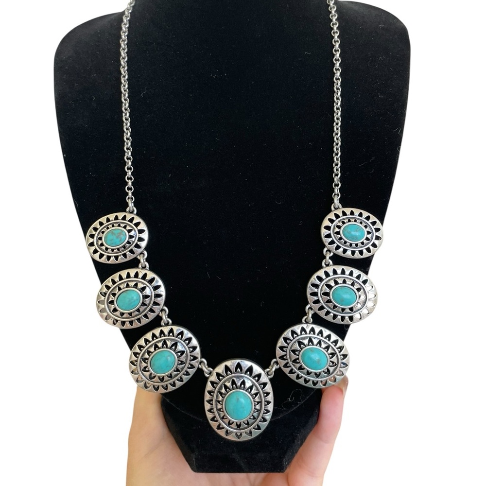 LUCKY BRAND Turquoise-Colored Silver-Tone Medallion Necklace
